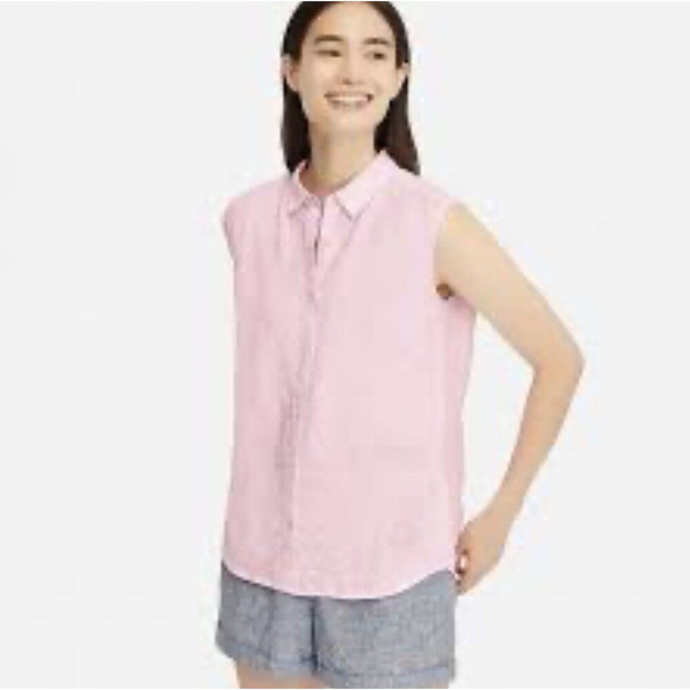 Uniqlo Linen Sleeveless Top Women Large Pink Button Up Resort Beach Cruise
